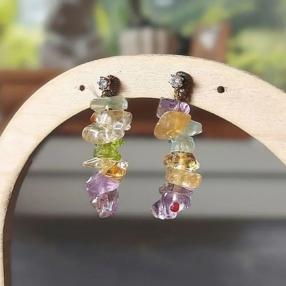 Vtg mixed gemstone rainbow drop earrings - Picture 2 of 7
